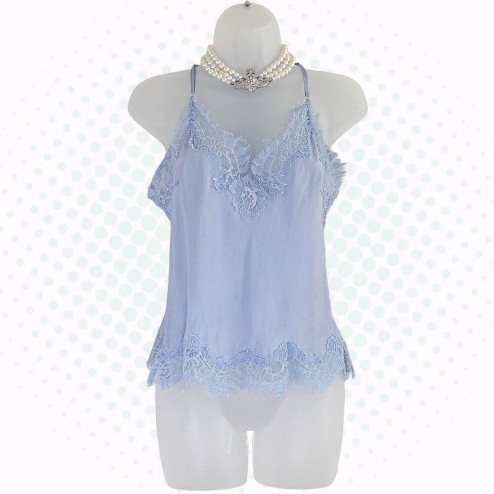 Gold Hawk 100% Silk Light Blue Lace Trim Racerback Camisole Tank Top Size XS